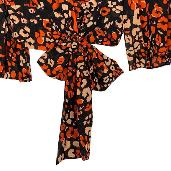 Revolve ASTR Leopard Print Top Womens Sz S Pleated Sleeves Orange Sheer Animal - Picture 3 of 10